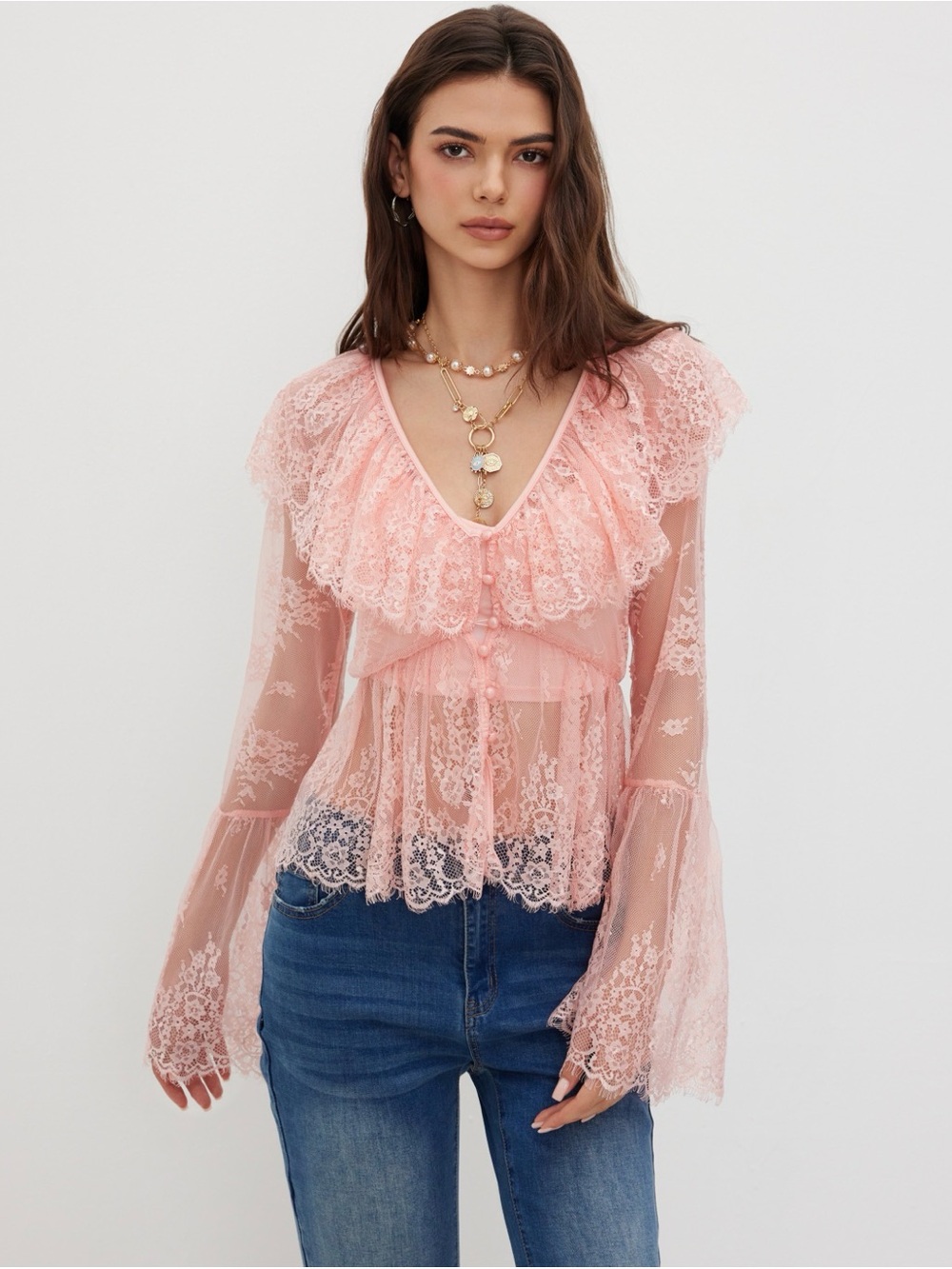 Boston Proper Blush Lace Ruffled V-Neck Blouse